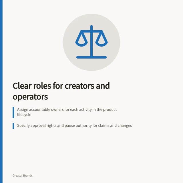 Clear roles for creators and operators: Assign accountable owners for each activity in the product lifecycle; Specify approval rights and pause authority for claims and changes; Record decisions with version control and backup approvers. Agreeing on roles between a creator and an operator