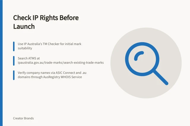 Check IP Rights Before Launch: Use IP Australia’s TM Checker for initial mark suitability; Search ATMS at ipaustralia.gov.au/trade-marks/search-existing-trade-marks; Verify company names via ASIC Connect and .au domains through AusRegistry WHOIS Service. Checking rights to names and design assets before launch
