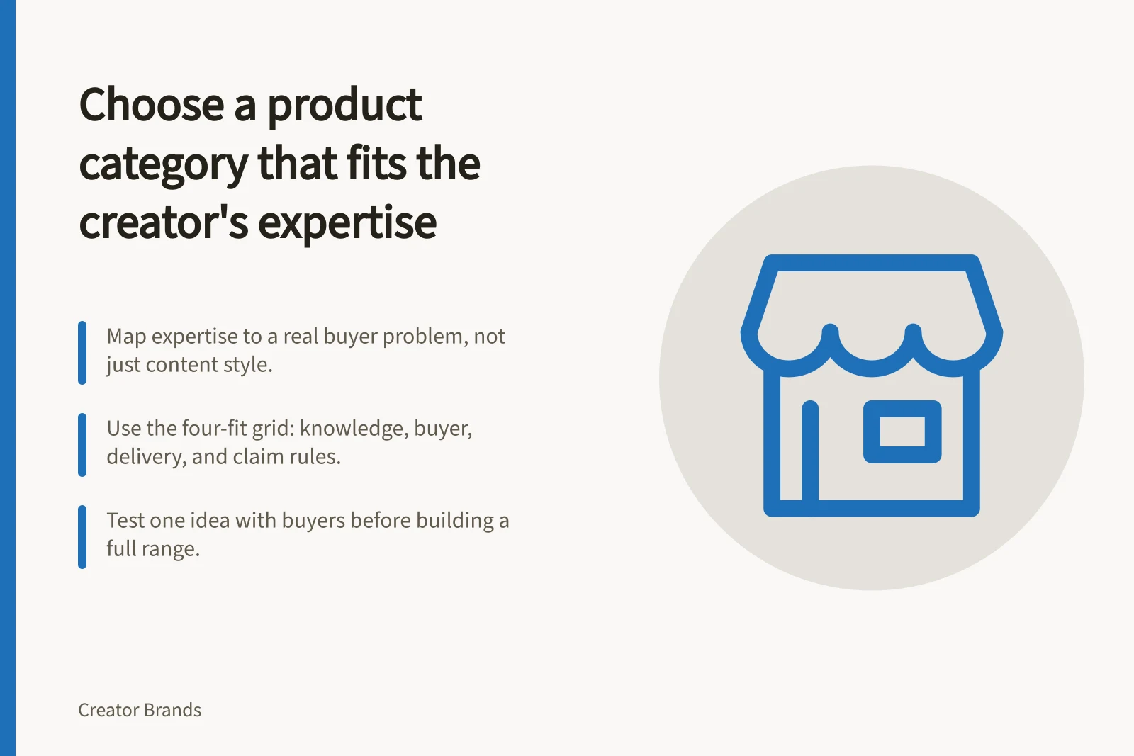 Choose a product category that fits the creator's expertise: Map expertise to a real buyer problem, not just content style.; Use the four-fit grid: knowledge, buyer, delivery, and claim rules.; Test one idea with buyers before building a full range.