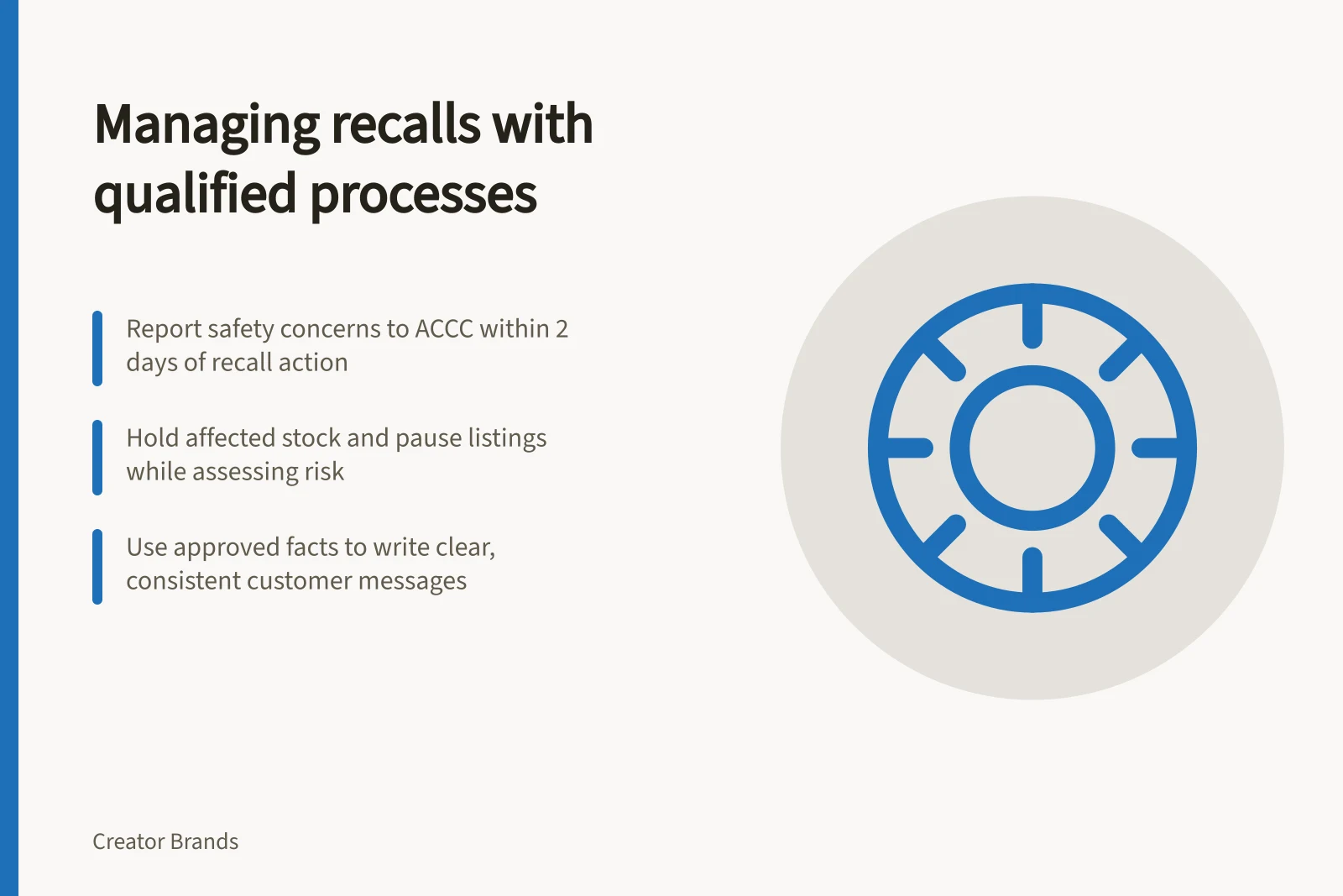 Managing recalls with qualified processes: Report safety concerns to ACCC within 2 days of recall action; Hold affected stock and pause listings while assessing risk; Use approved facts to write clear, consistent customer messages