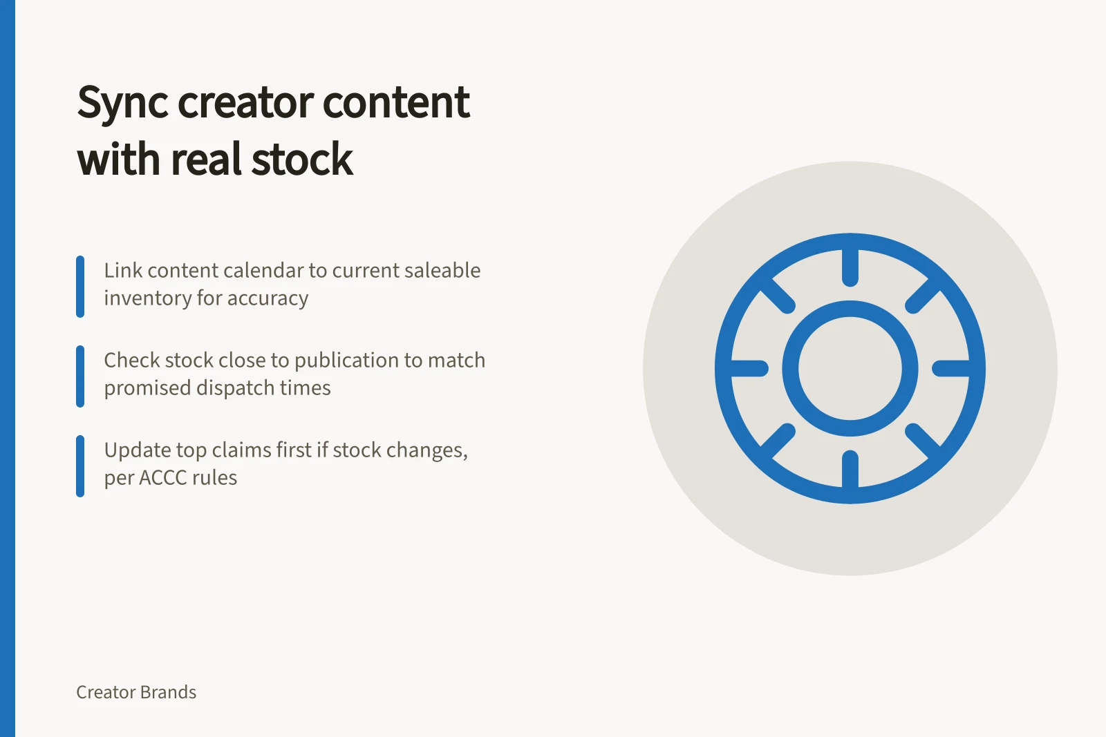 Sync creator content with real stock: Link content calendar to current saleable inventory for accuracy; Check stock close to publication to match promised dispatch times; Update top claims first if stock changes, per ACCC rules
