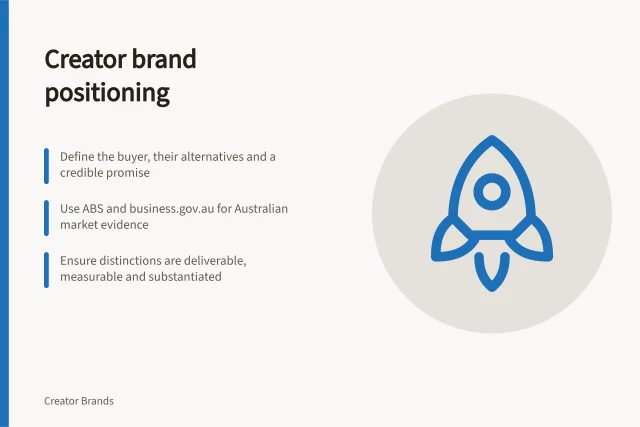 Creator brand positioning: Define the buyer, their alternatives and a credible promise; Use ABS and business.gov.au for Australian market evidence; Ensure distinctions are deliverable, measurable and substantiated. Creator brand positioning