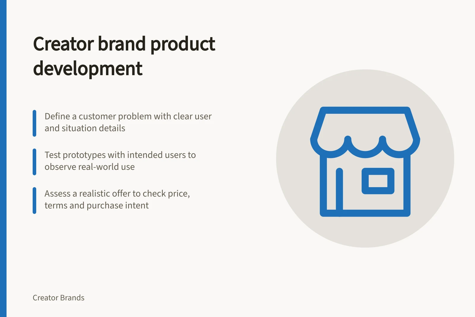 Creator brand product development: Define a customer problem with clear user and situation details; Test prototypes with intended users to observe real-world use; Assess a realistic offer to check price, terms and purchase intent