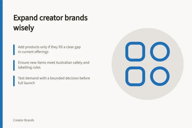 Expand creator brands wisely: Add products only if they fill a clear gap in current offerings; Ensure new items meet Australian safety and labelling rules; Test demand with a bounded decision before full launch. Creator brand product expansion