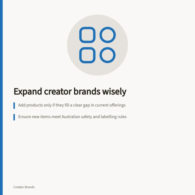 Expand creator brands wisely: Add products only if they fill a clear gap in current offerings; Ensure new items meet Australian safety and labelling rules; Test demand with a bounded decision before full launch. Creator brand product expansion