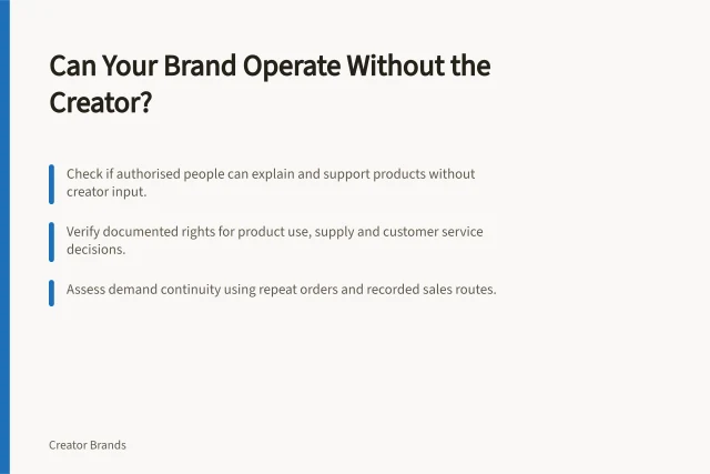 Can Your Brand Operate Without the Creator?: Check if authorised people can explain and support products without creator input.; Verify documented rights for product use, supply and customer service decisions.; Assess demand continuity using repeat orders and recorded sales routes. Deciding whether the product brand can operate independently
