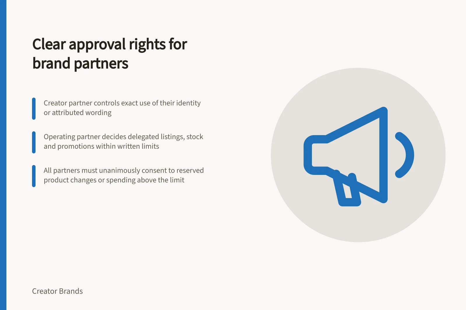 Clear approval rights for brand partners: Creator partner controls exact use of their identity or attributed wording; Operating partner decides delegated listings, stock and promotions within written limits; All partners must unanimously consent to reserved product changes or spending above the limit