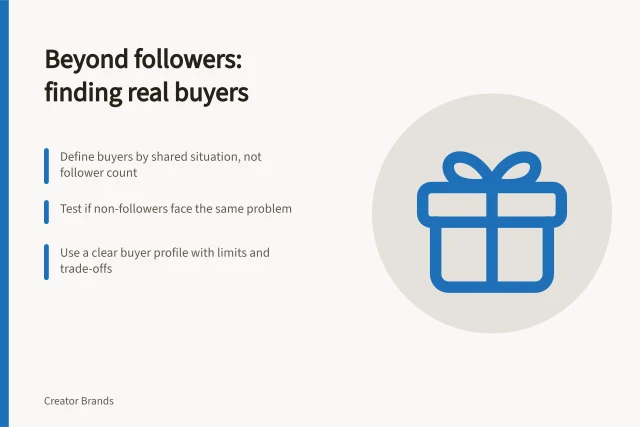 Beyond followers: finding real buyers: Define buyers by shared situation, not follower count; Test if non-followers face the same problem; Use a clear buyer profile with limits and trade-offs. Defining buyers beyond the existing follower base