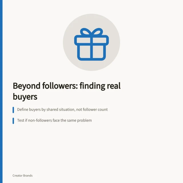 Beyond followers: finding real buyers: Define buyers by shared situation, not follower count; Test if non-followers face the same problem; Use a clear buyer profile with limits and trade-offs. Defining buyers beyond the existing follower base