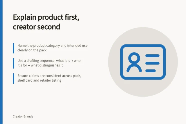 Explain product first, creator second: Name the product category and intended use clearly on the pack; Use a drafting sequence: what it is → who it’s for → what distinguishes it; Ensure claims are consistent across pack, shelf card and retailer listing. Explaining the brand to shoppers unfamiliar with the creator
