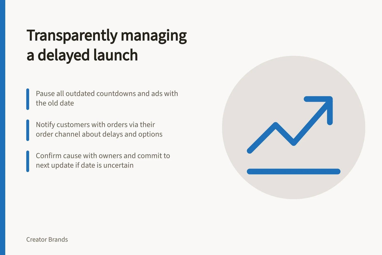 Transparently managing a delayed launch: Pause all outdated countdowns and ads with the old date; Notify customers with orders via their order channel about delays and options; Confirm cause with owners and commit to next update if date is uncertain