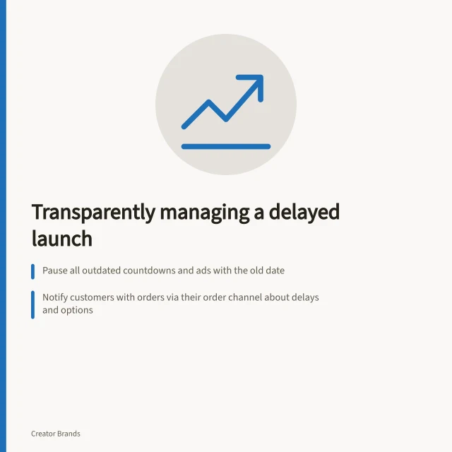 Transparently managing a delayed launch: Pause all outdated countdowns and ads with the old date; Notify customers with orders via their order channel about delays and options; Confirm cause with owners and commit to next update if date is uncertain. Handling a delayed launch transparently