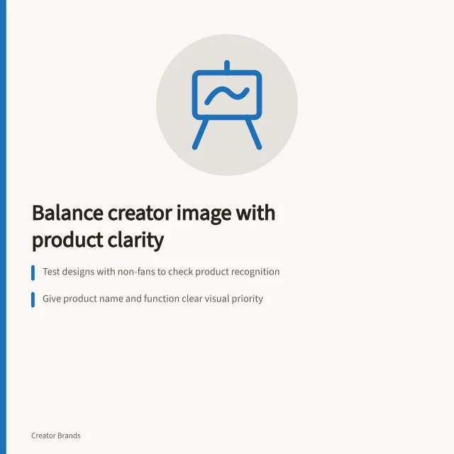 Balance creator image with product clarity: Test designs with non-fans to check product recognition; Give product name and function clear visual priority; Use creator imagery for association, not dominance. Keeping creator imagery from overwhelming the product