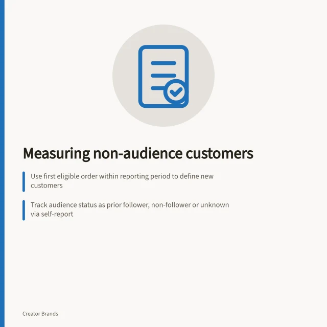 Measuring non-audience customers: Use first eligible order within reporting period to define new customers; Track audience status as prior follower, non-follower or unknown via self-report; Separate traffic source from audience status; use order records over Analytics data. Measuring customers acquired outside the creator's audience