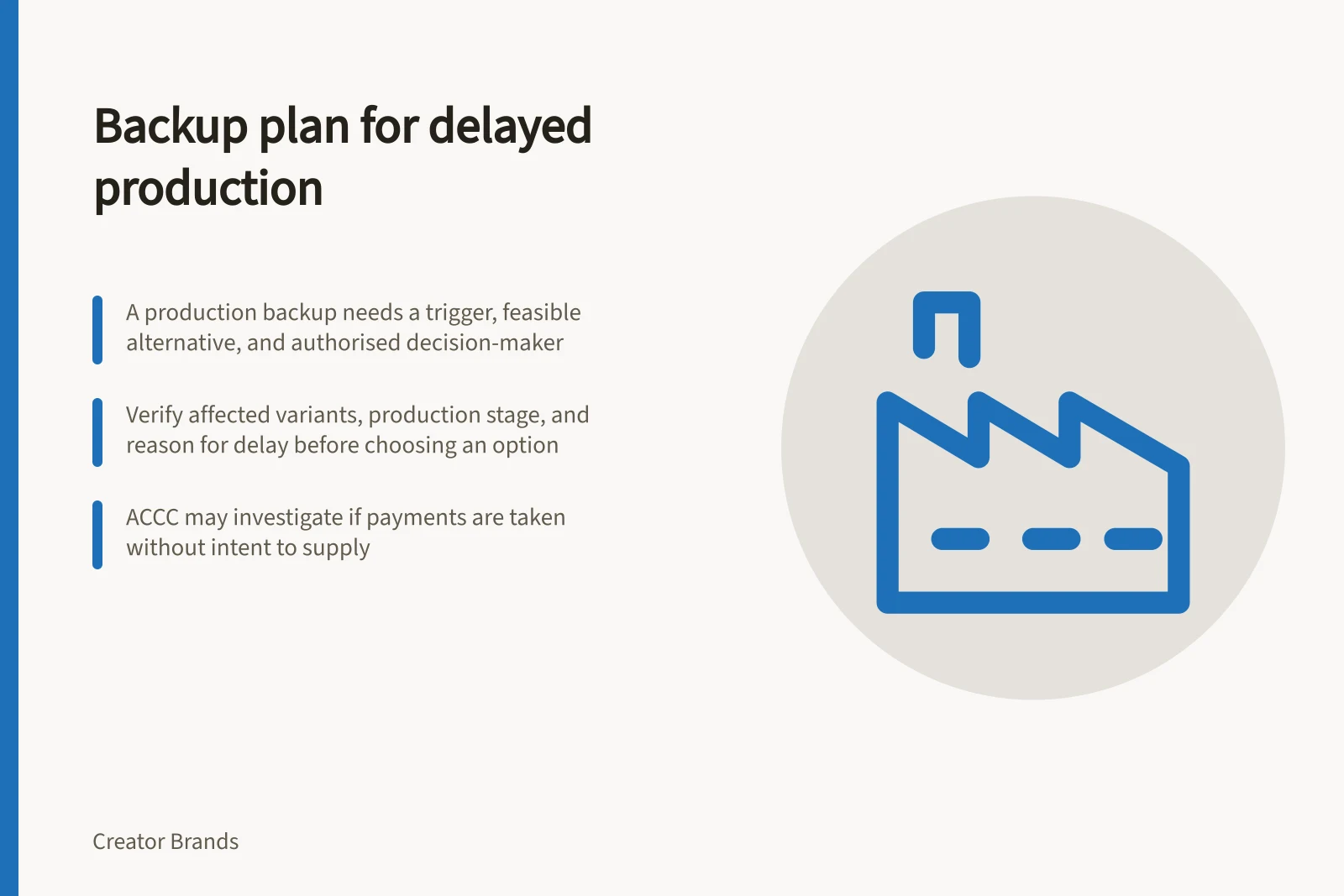 Backup plan for delayed production: A production backup needs a trigger, feasible alternative, and authorised decision-maker; Verify affected variants, production stage, and reason for delay before choosing an option; ACCC may investigate if payments are taken without intent to supply