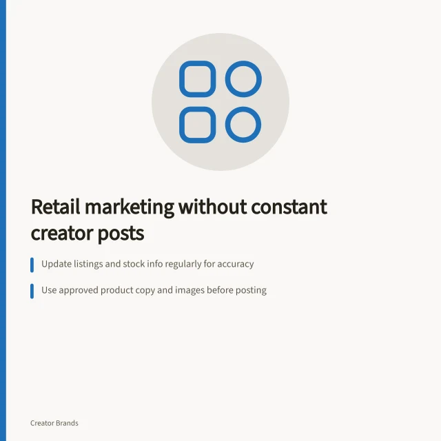 Retail marketing without constant creator posts: Update listings and stock info regularly for accuracy; Use approved product copy and images before posting; Track promotion costs, stock levels and sales results. Planning retail marketing that is not dependent on constant creator posts