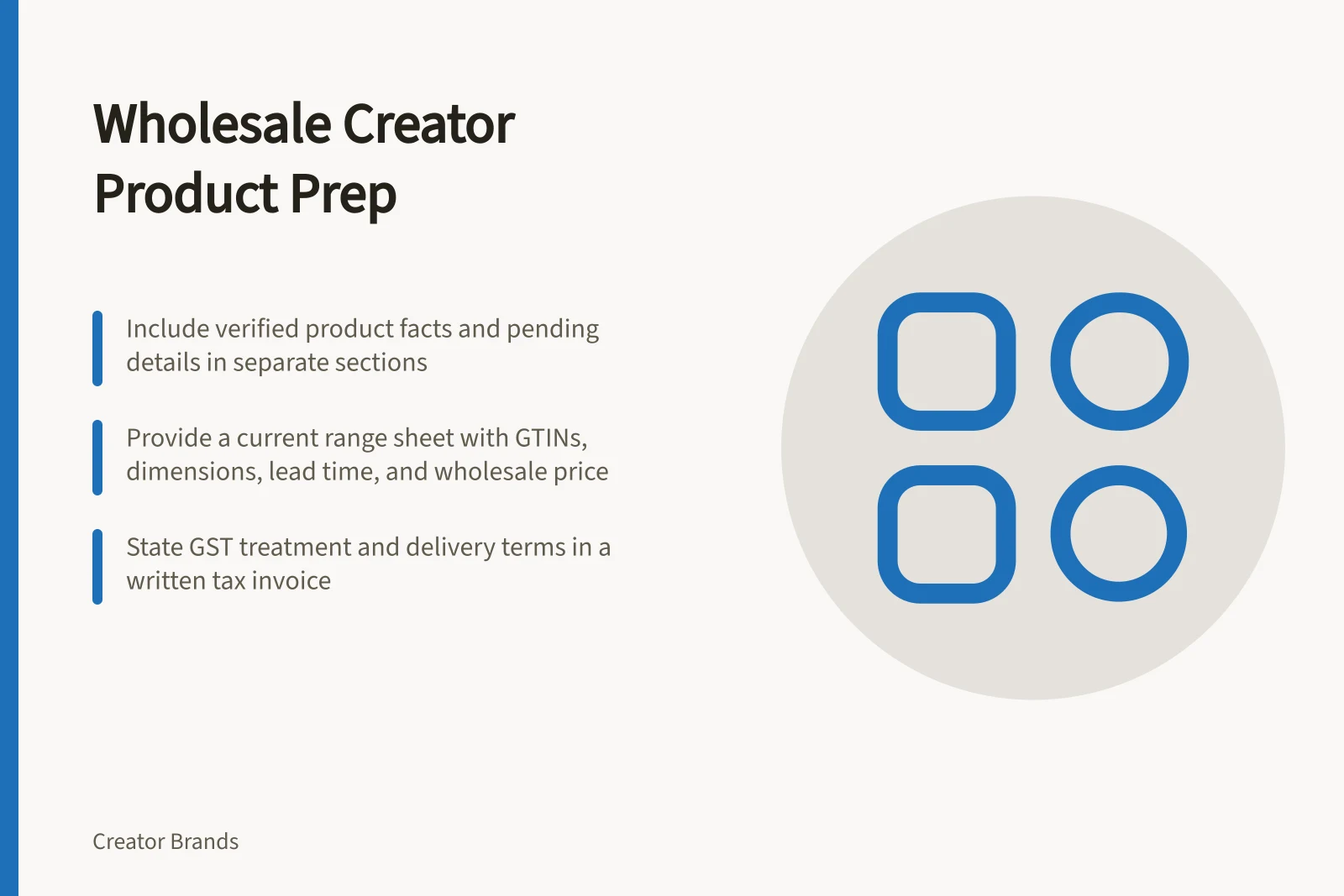 Wholesale Creator Product Prep: Include verified product facts and pending details in separate sections; Provide a current range sheet with GTINs, dimensions, lead time, and wholesale price; State GST treatment and delivery terms in a written tax invoice