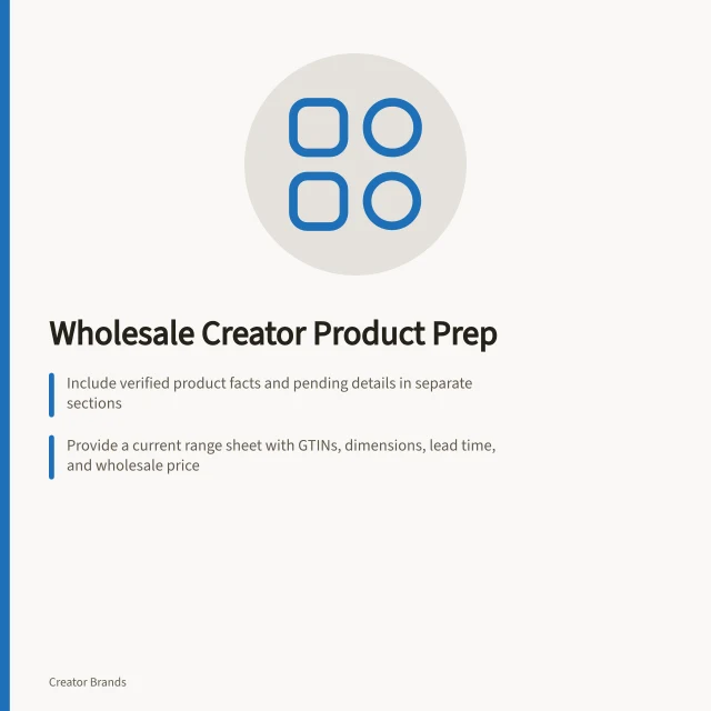 Wholesale Creator Product Prep: Include verified product facts and pending details in separate sections; Provide a current range sheet with GTINs, dimensions, lead time, and wholesale price; State GST treatment and delivery terms in a written tax invoice. Preparing a creator product for wholesale buyers