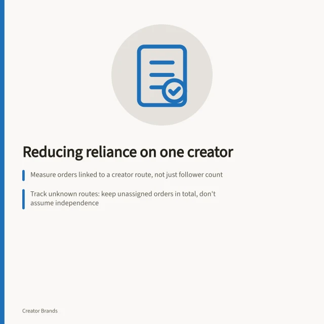 Reducing reliance on one creator: Measure orders linked to a creator route, not just follower count; Track unknown routes: keep unassigned orders in total, don't assume independence; Test brand resilience during zero creator activity using stock and demand planning. Reviewing dependence on one creator channel