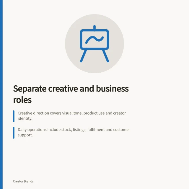 Separate creative and business roles: Creative direction covers visual tone, product use and creator identity.; Daily operations include stock, listings, fulfilment and customer support.; Changes affecting both need approval from both sides, not just one. Separating creative direction from daily business operations