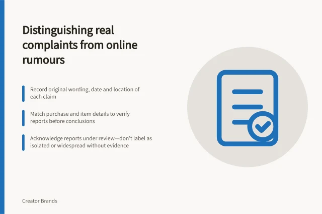 Distinguishing real complaints from online rumours: Record original wording, date and location of each claim; Match purchase and item details to verify reports before conclusions; Acknowledge reports under review—don’t label as isolated or widespread without evidence. Separating documented product complaints from online speculation