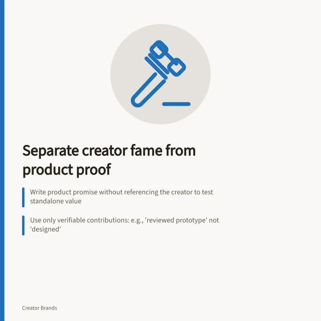 Separate creator fame from product proof: Write product promise without referencing the creator to test standalone value; Use only verifiable contributions: e.g., 'reviewed prototype' not 'designed'; Check all claims against actual product and Australian Consumer Law (ACL) requirements. Separating the product promise from the creator's fame