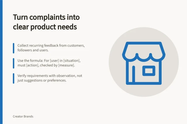 Turn complaints into clear product needs: Collect recurring feedback from customers, followers and users.; Use the formula: For [user] in [situation], must [action], checked by [measure].; Verify requirements with observation, not just suggestions or preferences. Turning audience problems into product requirements