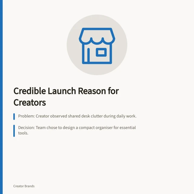 Credible Launch Reason for Creators: Problem: Creator observed shared desk clutter during daily work.; Decision: Team chose to design a compact organiser for essential tools.; Product: Final item is a 15cm x 8cm tool holder with 6 compartments. Writing a credible reason for a creator's product launch